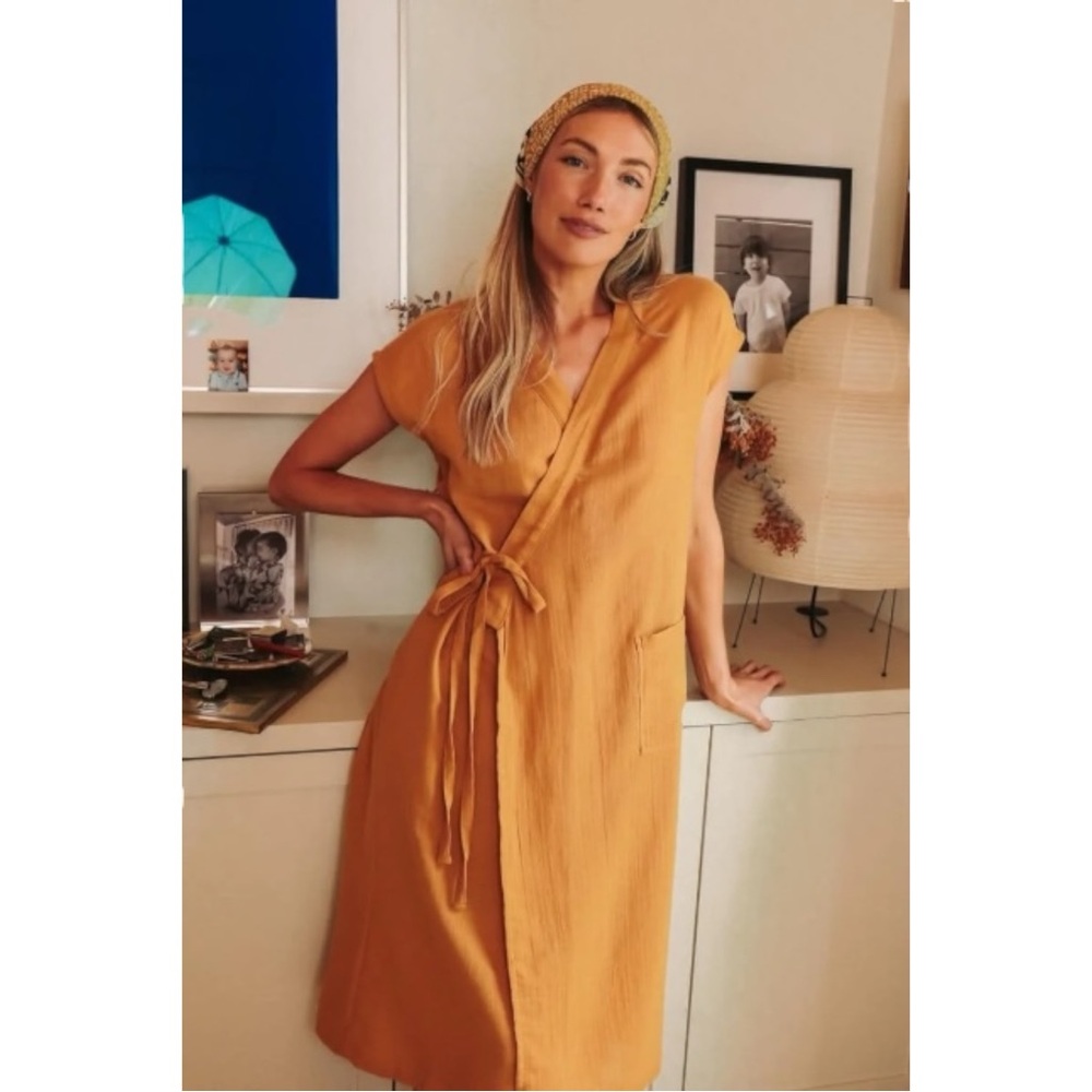 ODD BIRD The Aydin House Dress - Yellow Gauze Drop Sleeve Wrap Midi Dress sz S